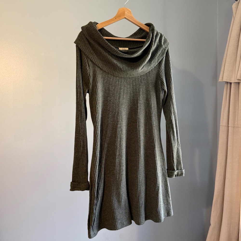 KORI America S/M‎ Ribbed Cowl Neck Sweater Dress Green Gray Long Sleeve